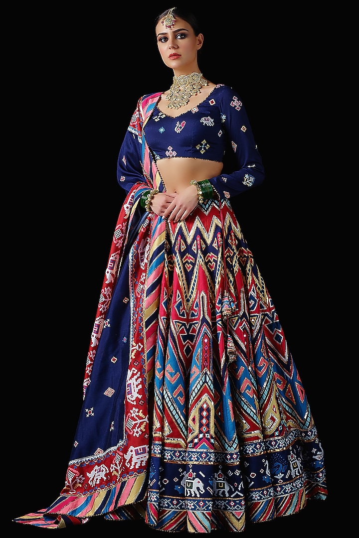 Multi-Colored Mysore Silk Printed & Embroidered Lehenga Set by Mayyur girotra
