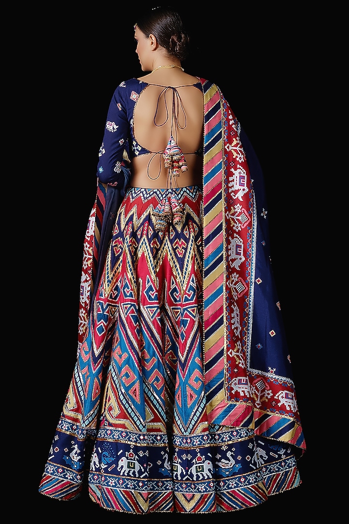 Multi-Colored Mysore Silk Printed & Embroidered Bridal Lehenga Set by Mayyur girotra at Pernia's Pop Up Shop