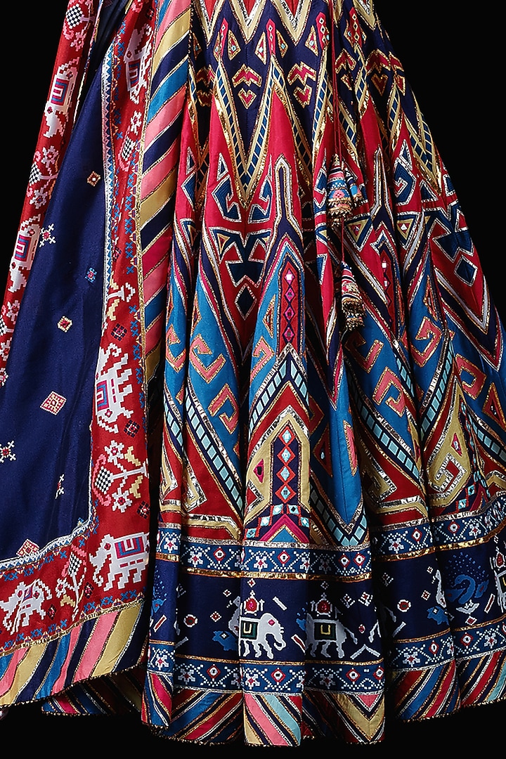 Multi-Colored Mysore Silk Printed & Embroidered Bridal Lehenga Set by Mayyur girotra at Pernia's Pop Up Shop