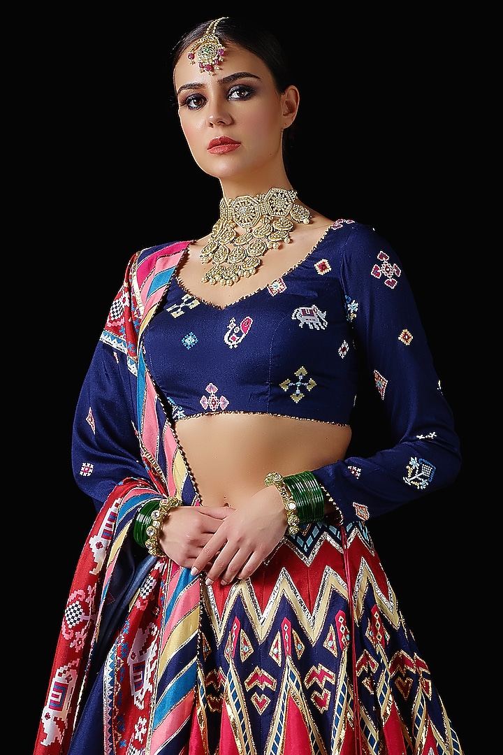 Multi-Colored Mysore Silk Printed & Embroidered Bridal Lehenga Set by Mayyur girotra at Pernia's Pop Up Shop