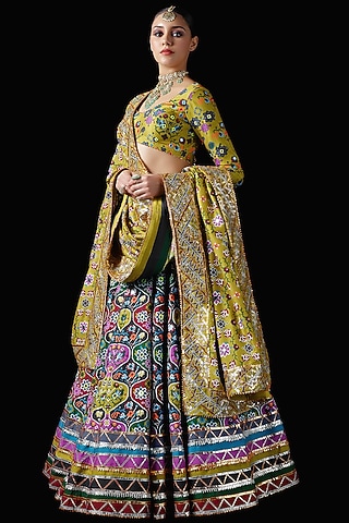 Multi-Colored Mysore Silk Printed & Embroidered Lehenga Set by Mayyur girotra