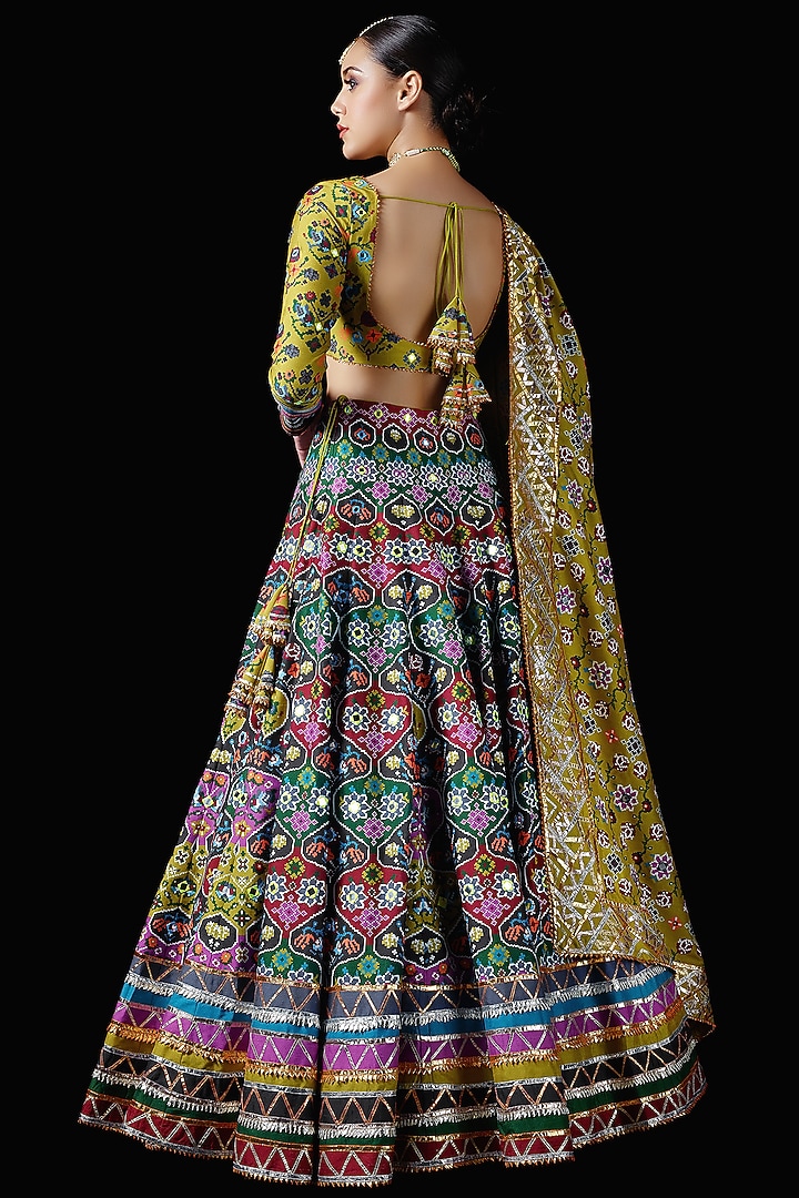 Multi-Colored Mysore Silk Printed & Embroidered Bridal Lehenga Set by Mayyur girotra at Pernia's Pop Up Shop