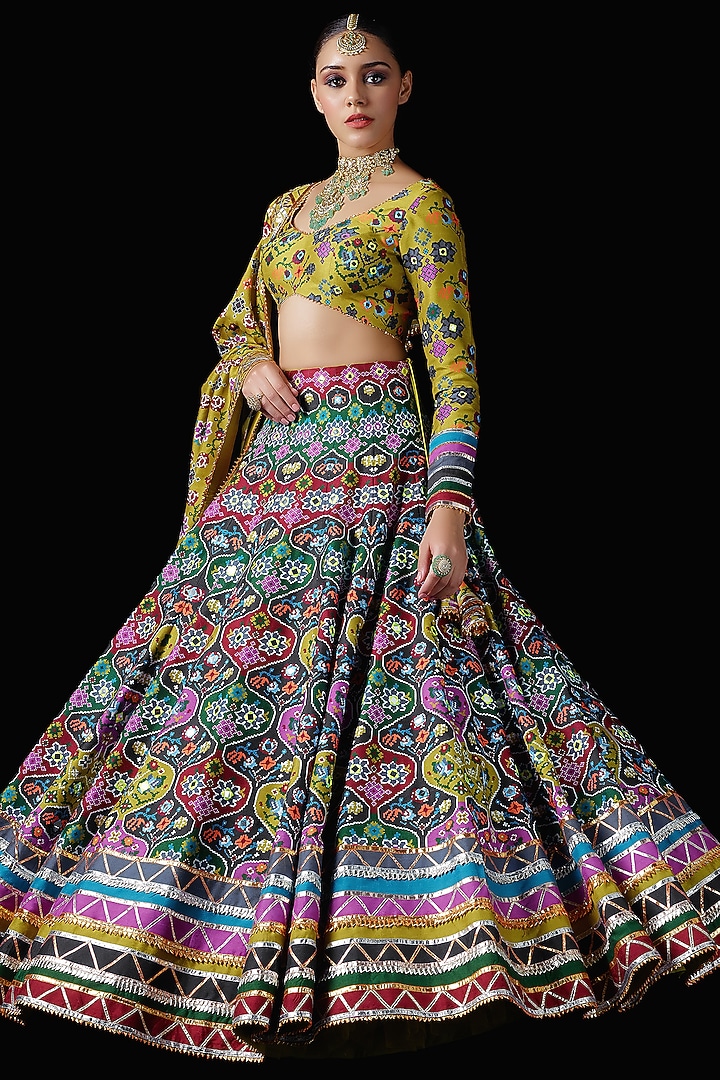 Multi-Colored Mysore Silk Printed & Embroidered Bridal Lehenga Set by Mayyur girotra at Pernia's Pop Up Shop