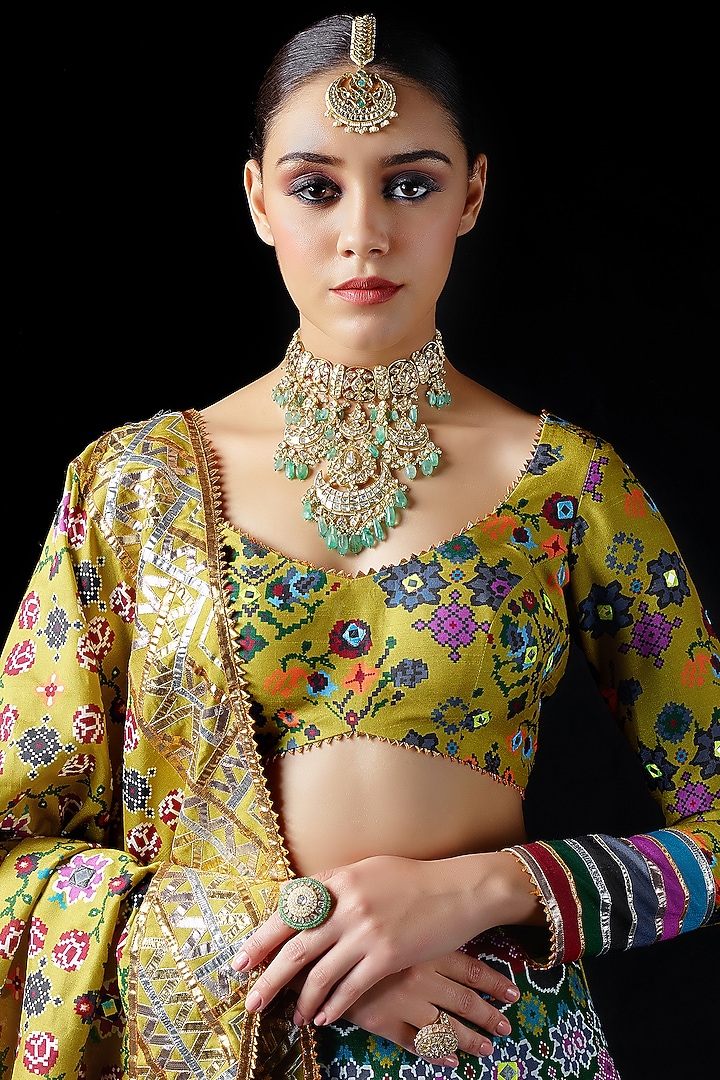 Multi-Colored Mysore Silk Printed & Embroidered Bridal Lehenga Set by Mayyur girotra at Pernia's Pop Up Shop