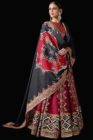 Hot Pink Mysore Silk Printed & Embroidered Lehenga Set by Mayyur girotra