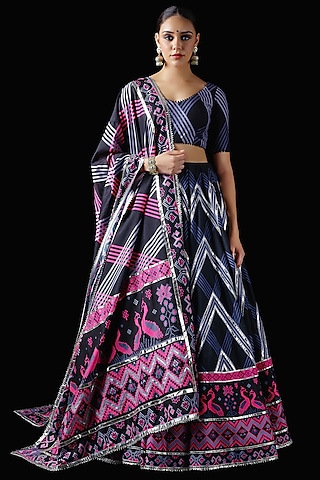 Multi-Colored Mysore Silk Printed & Embroidered Lehenga Set by Mayyur girotra