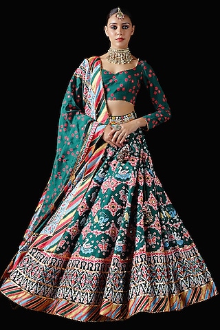 Green Mysore Silk Printed & Embroidered Lehenga Set by Mayyur girotra