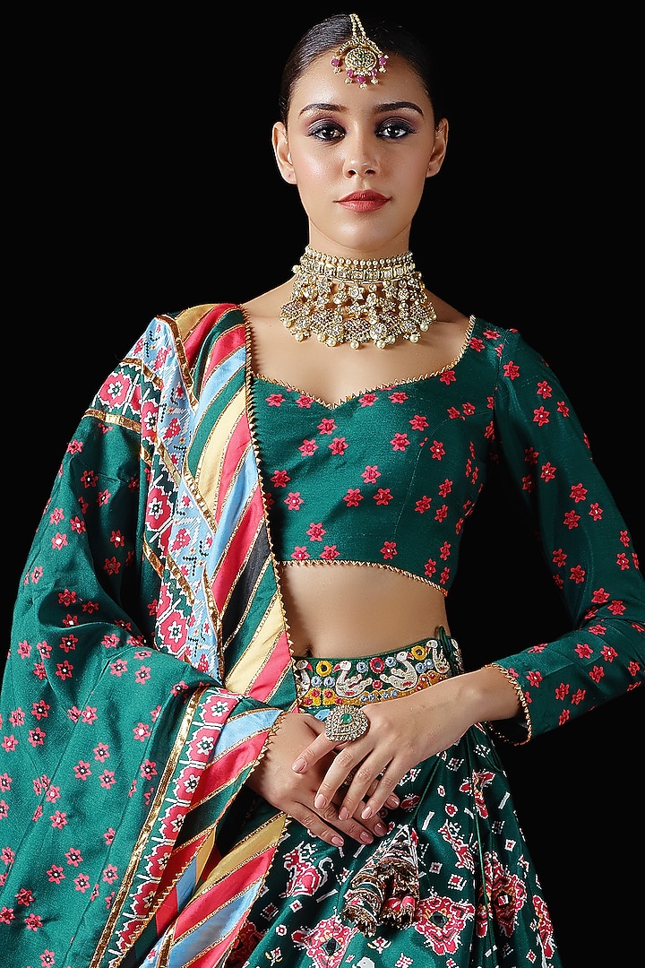 Green Mysore Silk Printed & Embroidered Bridal Lehenga Set by Mayyur girotra at Pernia's Pop Up Shop