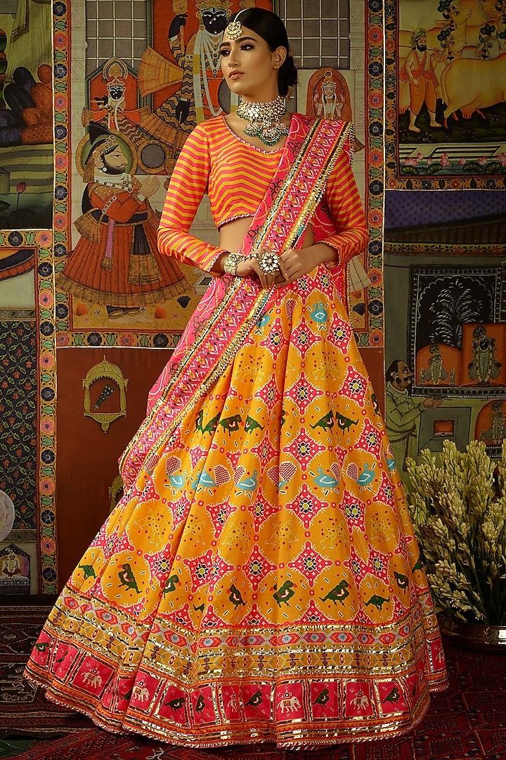 Yellow Mysore Silk Printed & Embroidered Lehenga Set by Mayyur girotra