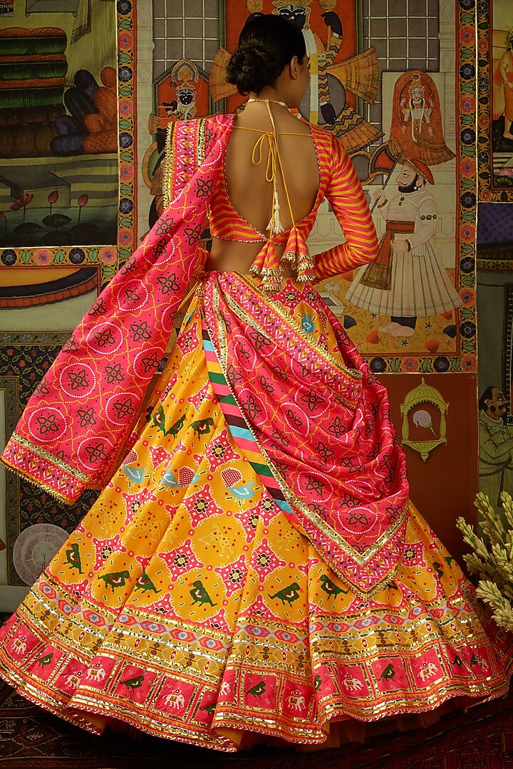 Yellow Mysore Silk Printed & Embroidered Wedding Lehenga Set by Mayyur girotra at Pernia's Pop Up Shop