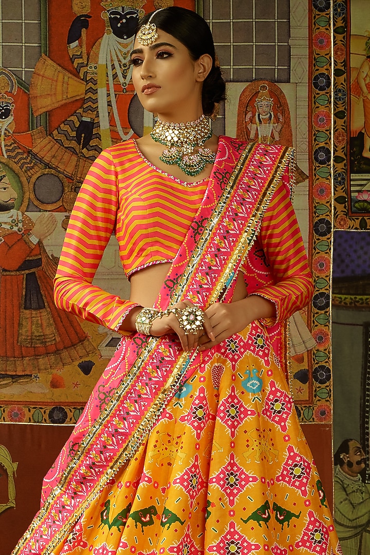 Yellow Mysore Silk Printed Embroidered Wedding Lehenga Set by Mayyur  girotra at Pernia's Pop Up Shop