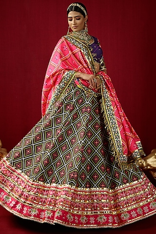 Green Mysore Silk Printed & Embroidered Lehenga Set by Mayyur girotra