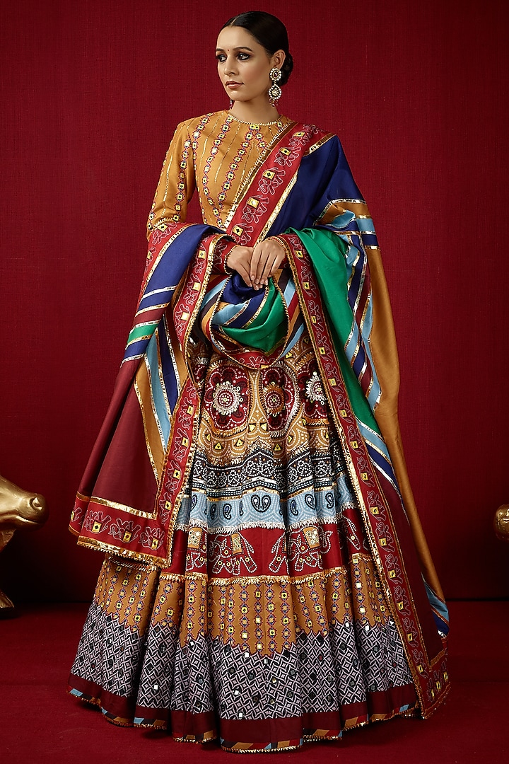 Multi-Colored Mysore Silk Printed & Embroidered Lehenga Set by Mayyur girotra