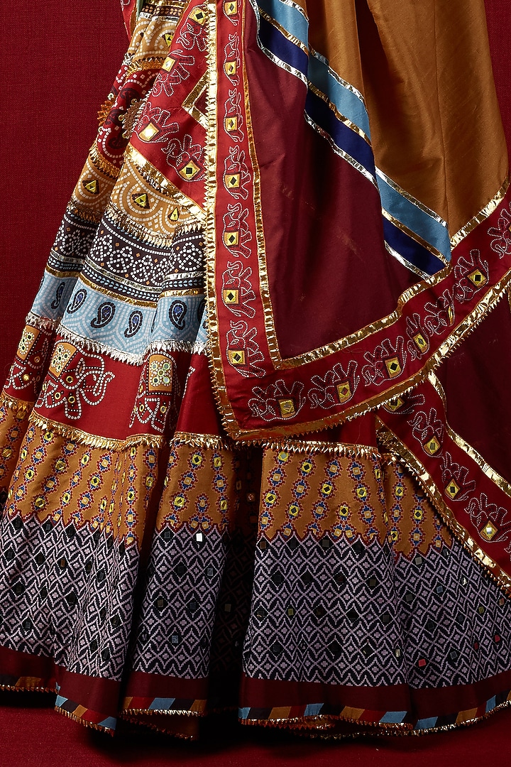 Multi-Colored Mysore Silk Printed & Embroidered Bridal Lehenga Set by Mayyur girotra at Pernia's Pop Up Shop