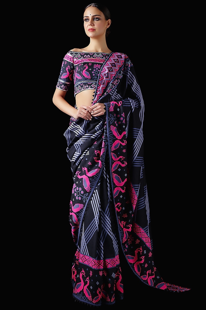 Black Mysore Silk Printed & Embroidered Saree Set by Mayyur girotra