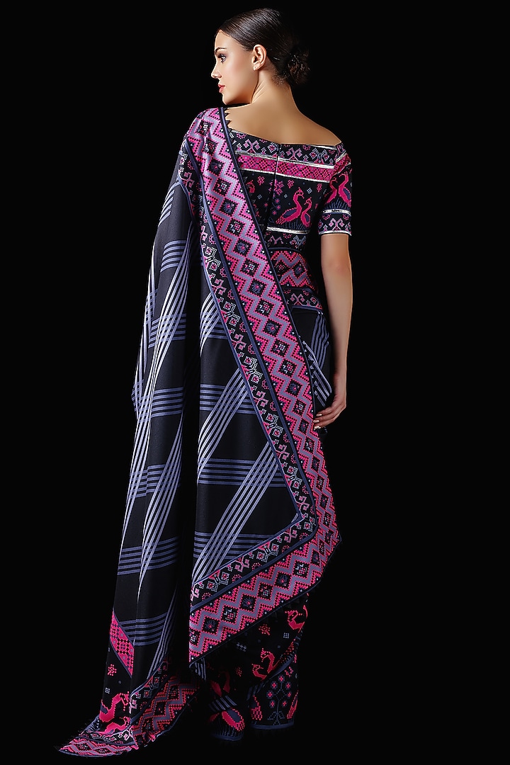 Black Mysore Silk Printed & Embroidered Wedding Saree Set by Mayyur girotra at Pernia's Pop Up Shop