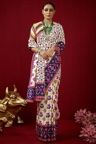 Ivory Mysore Silk Printed & Embroidered Saree Set by Mayyur girotra
