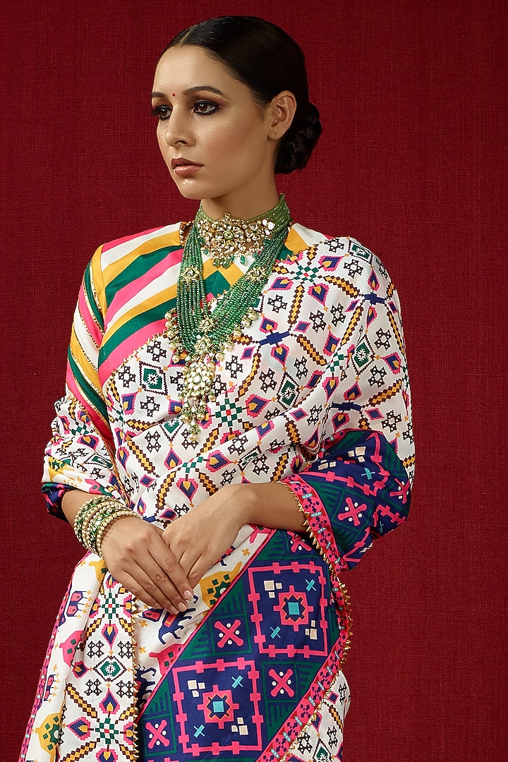 Ivory Mysore Silk Printed & Embroidered Wedding Saree Set by Mayyur girotra at Pernia's Pop Up Shop