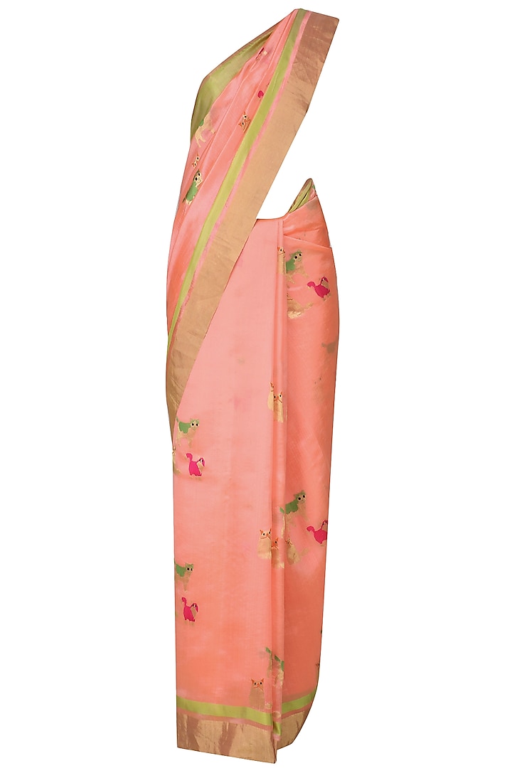 Pink Cute Cat Motifs Chanderi Saree by Madhurya