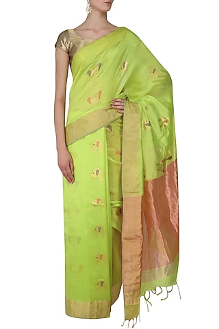 Lime Green Elephant Motifs Chanderi Saree by Madhurya