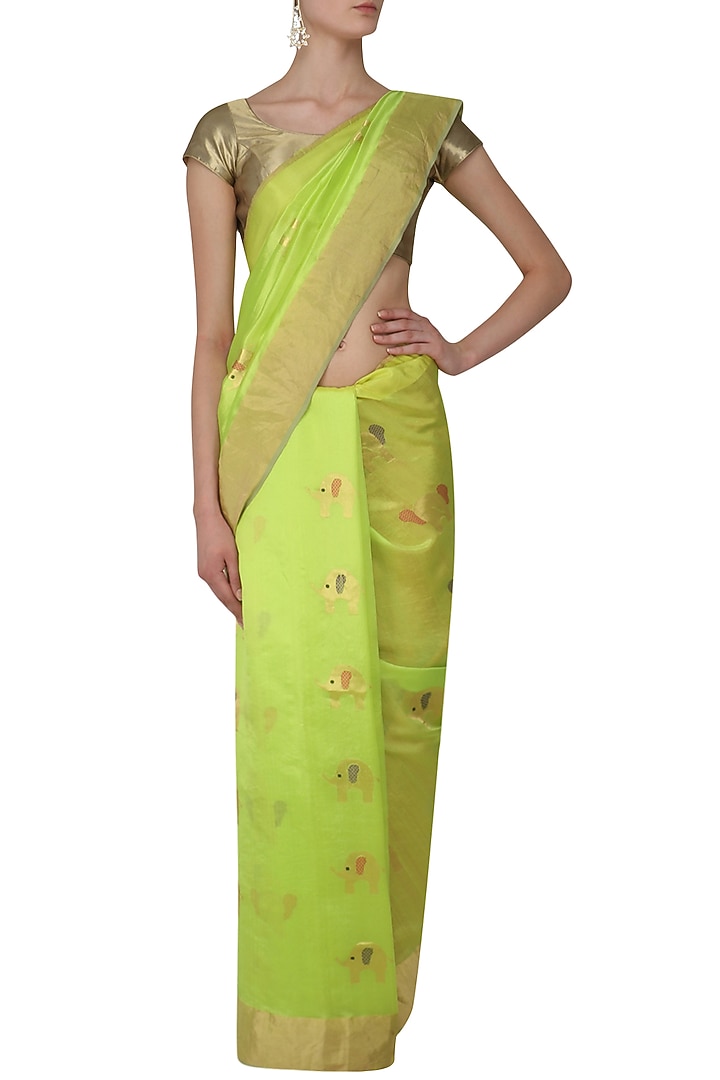 Lime green elephant motifs chanderi saree available only at Pernia's Pop Up Shop.
