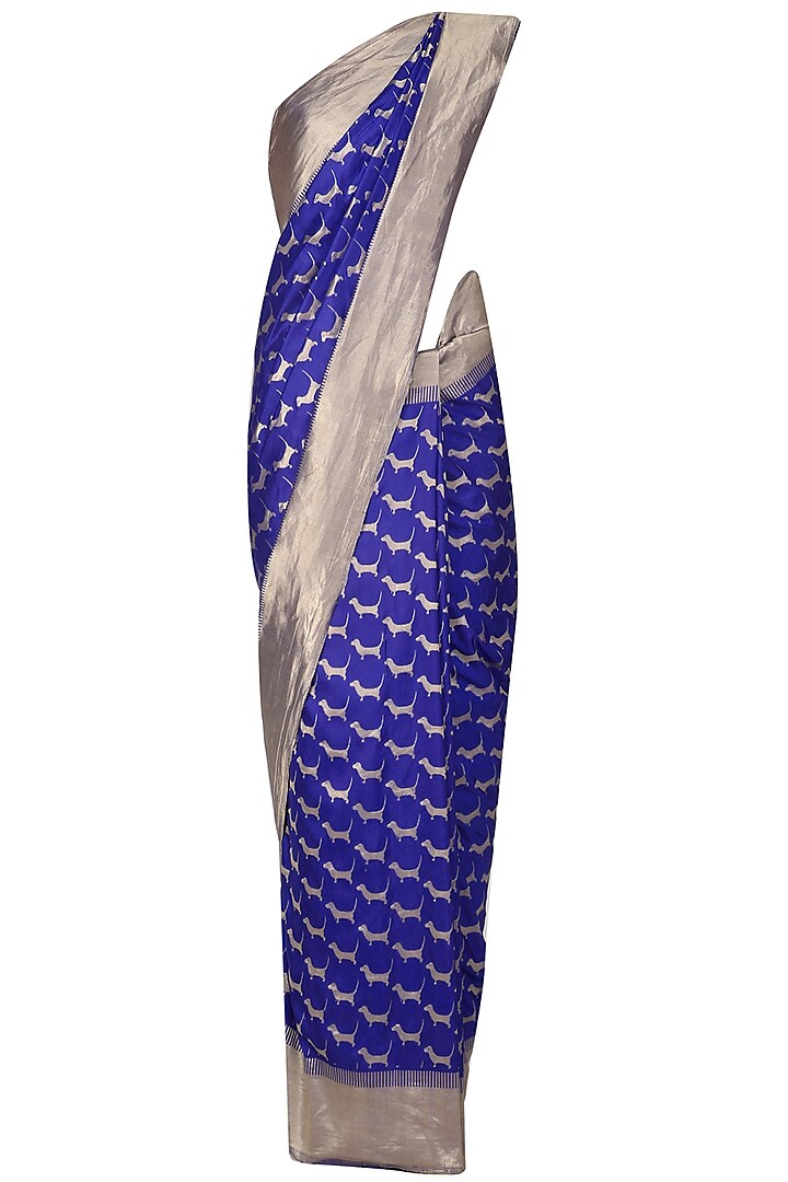 Royal Blue Cute Daschund Motifs Benarasi Saree by Madhurya