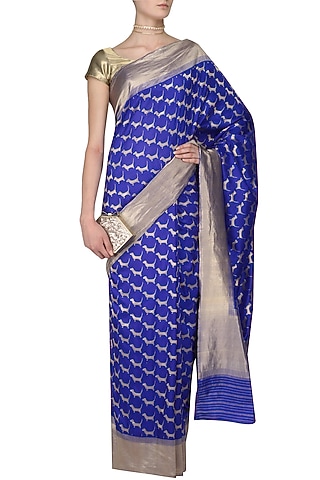 Royal Blue Cute Daschund Motifs Benarasi Saree by Madhurya