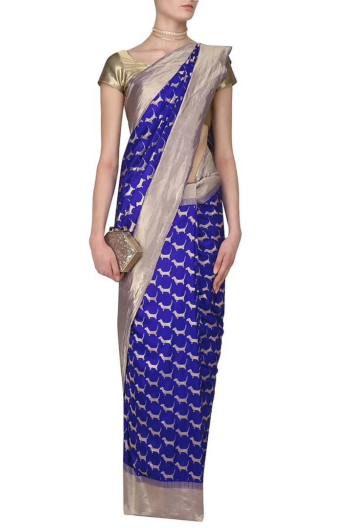 Royal blue cute daschund motifs benarasi saree available only at Pernia's Pop Up Shop.