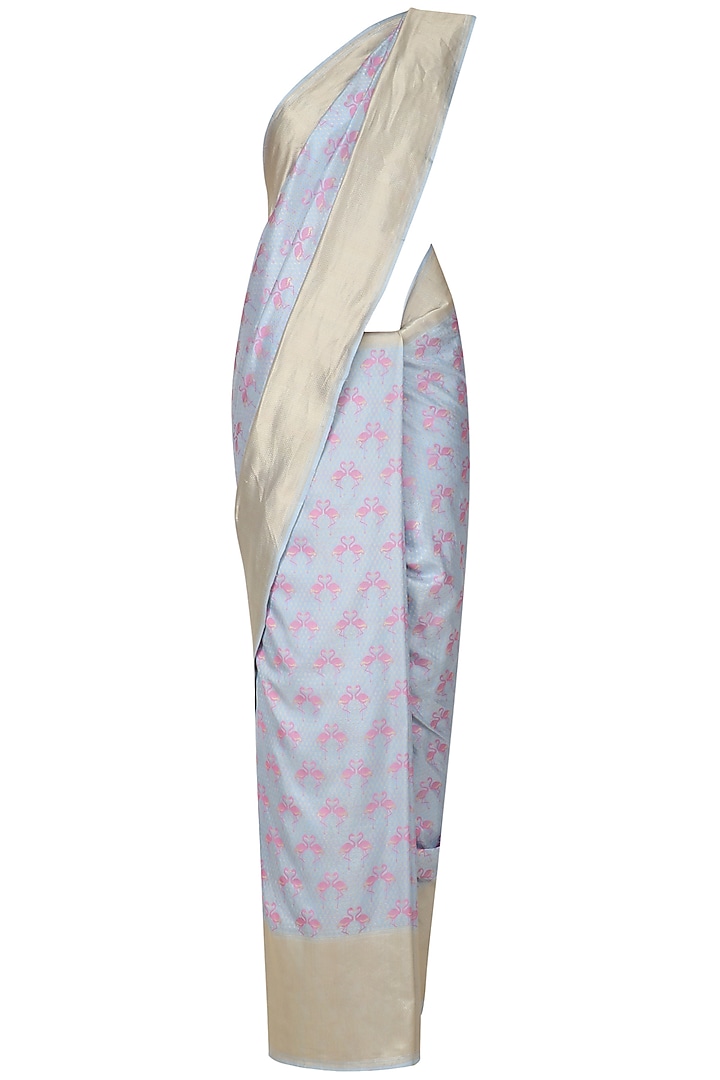 Powder Blue and Pink Flamingoes Benarasi Saree by Madhurya