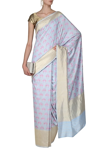 Powder Blue and Pink Flamingoes Benarasi Saree by Madhurya