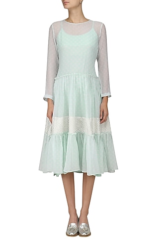 Powder Blue Polka Dot Dress with Inner by Myra by Anju Narain