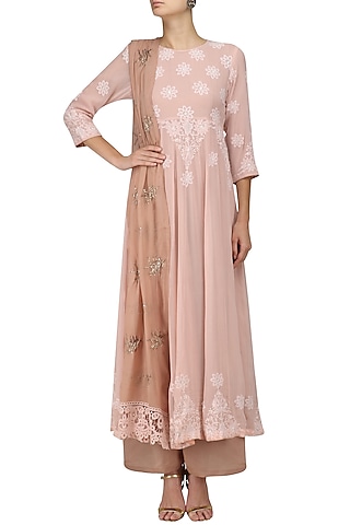 Rose Pink Chikankari Kurta and Palazzo Pants Set by Myra by Anju Narain