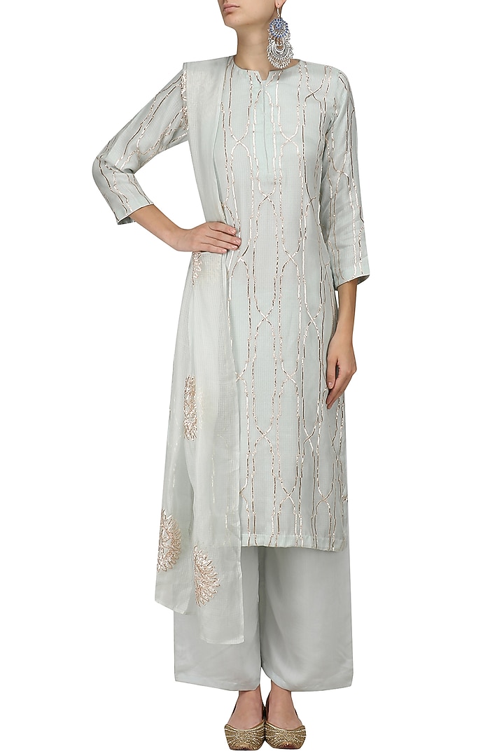 Light blue shama design kurta and palazzo pants set available only at Pernia's Pop Up Shop.