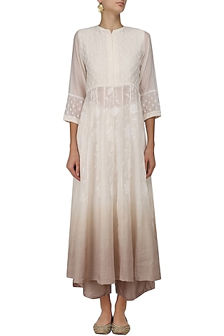 White Shaded Chikankari Kurta and Palazzo Pants Set by Myra by Anju Narain