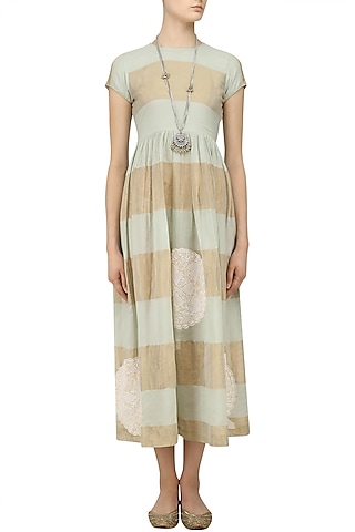 Mint Blue and Beige Chikankari Striped Dress by Myra by Anju Narain