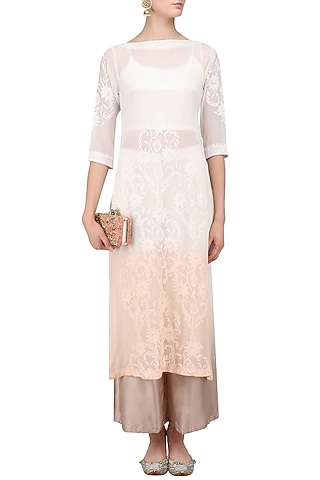 White and Peach Shaded Kurta and Palazzo Pants Set by Myra by Anju Narain