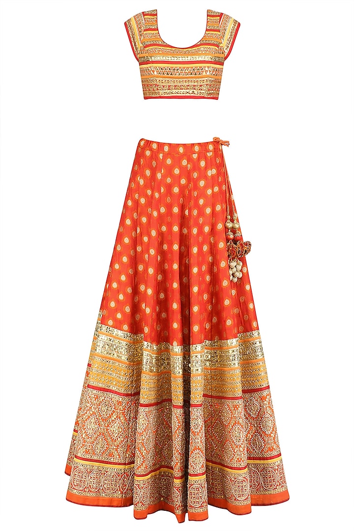 Orange and Gold Gota Patti Banarasi Brocade Lehenga Set by Mynah Designs By Reynu Tandon