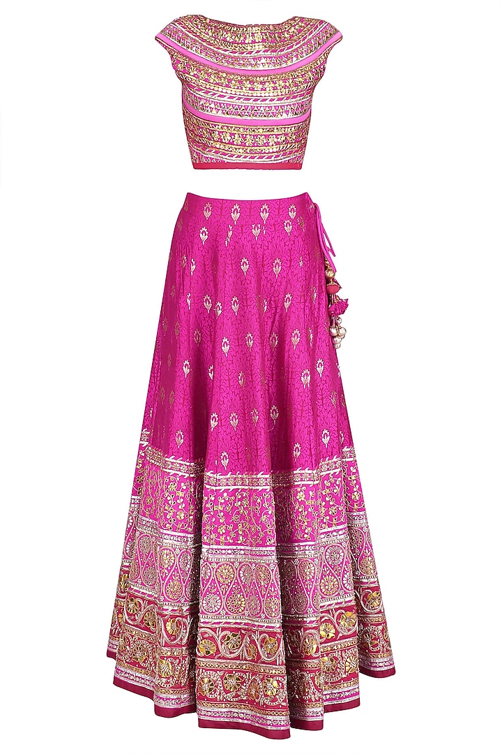 Pink and Gold Gota Patti Banarasi Brocade Lehenga Set by Mynah Designs By Reynu Tandon