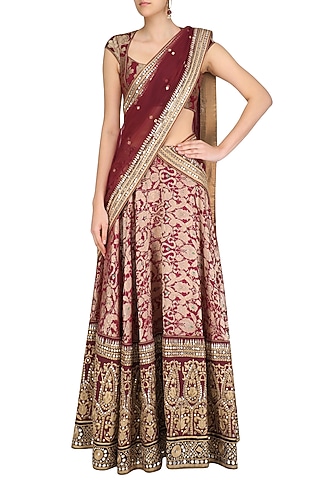 Maroon and Gold Gota Patti Banarasi Brocade Lehenga Set by Mynah Designs By Reynu Tandon