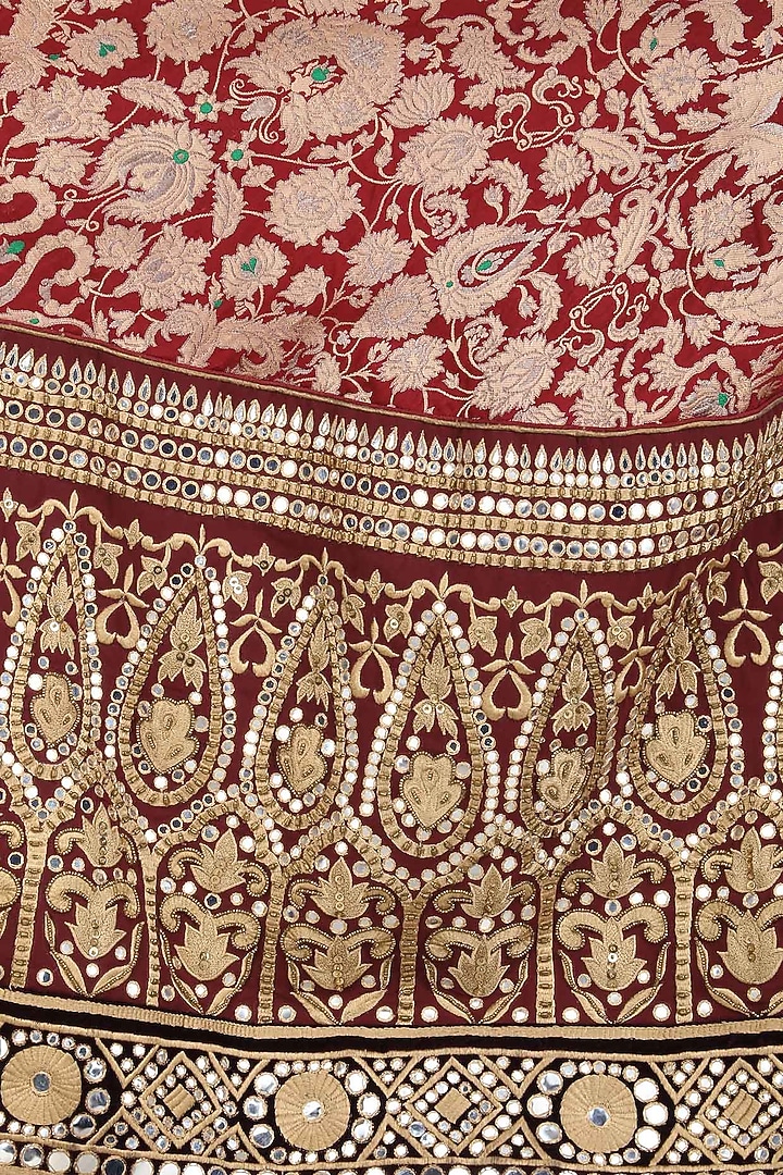 Maroon and gold gota patti banarasi brocade lehenga set available only at Pernia's Pop Up Shop.