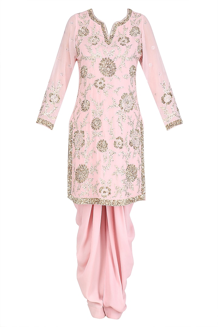 Light Pink Floral Sequins Embroidered Kurta and Dhoti Pants Set by Mynah Designs By Reynu Tandon