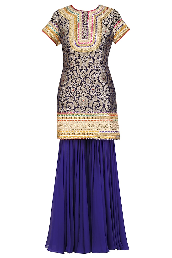 Blue and Gold Floral Banarasi Brocade Short Kurta and Sharara Pants Set by Mynah Designs By Reynu Tandon