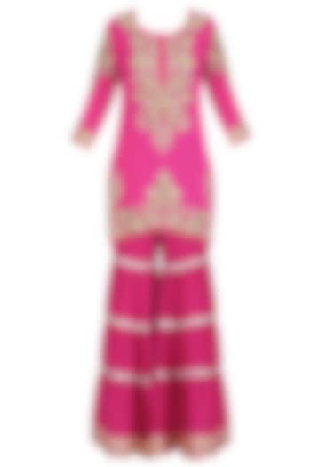 Fuschia Pink Floral Embroidered Short Kurta and Garara Pants Set by Mynah Designs By Reynu Tandon