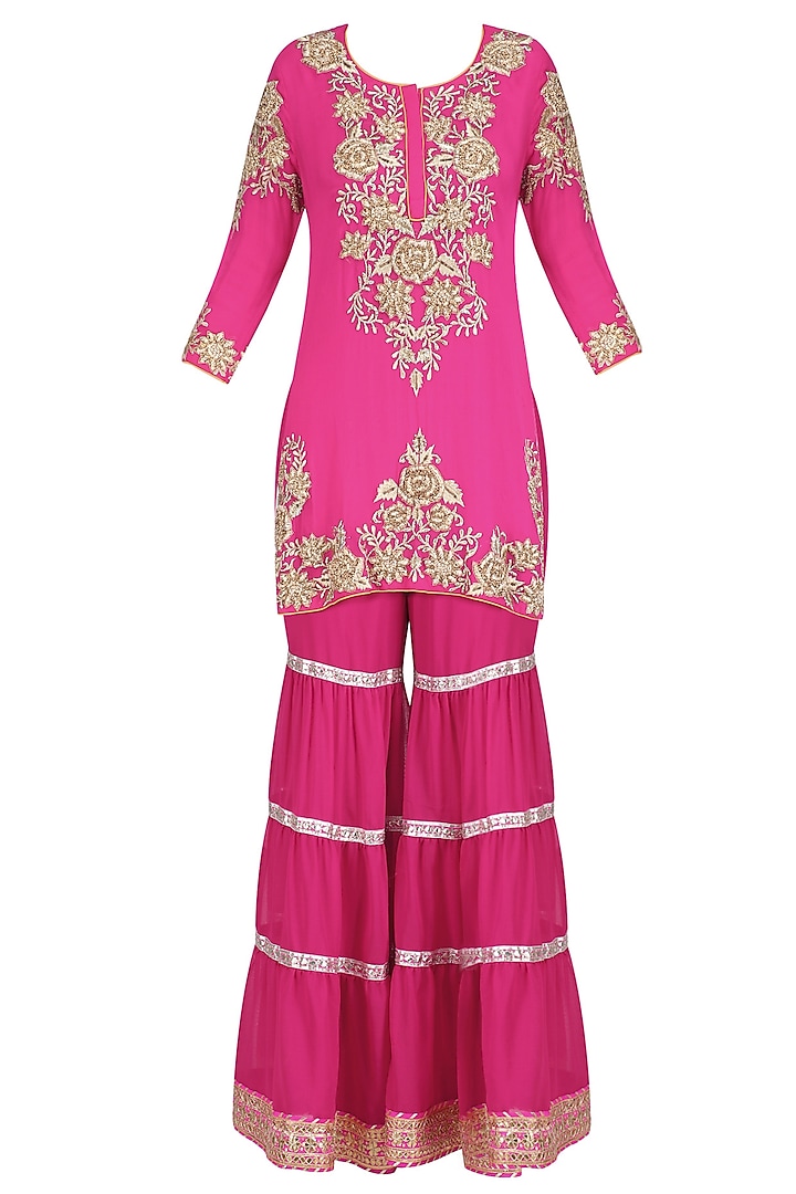 Fuschia Pink Floral Embroidered Short Kurta and Garara Pants Set by Mynah Designs By Reynu Tandon