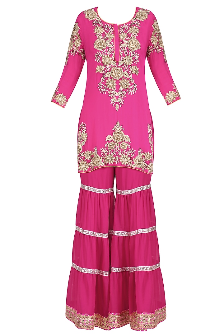 Fuschia pink floral embroidered short kurta and garara pants set available only at Pernia's Pop Up Shop.