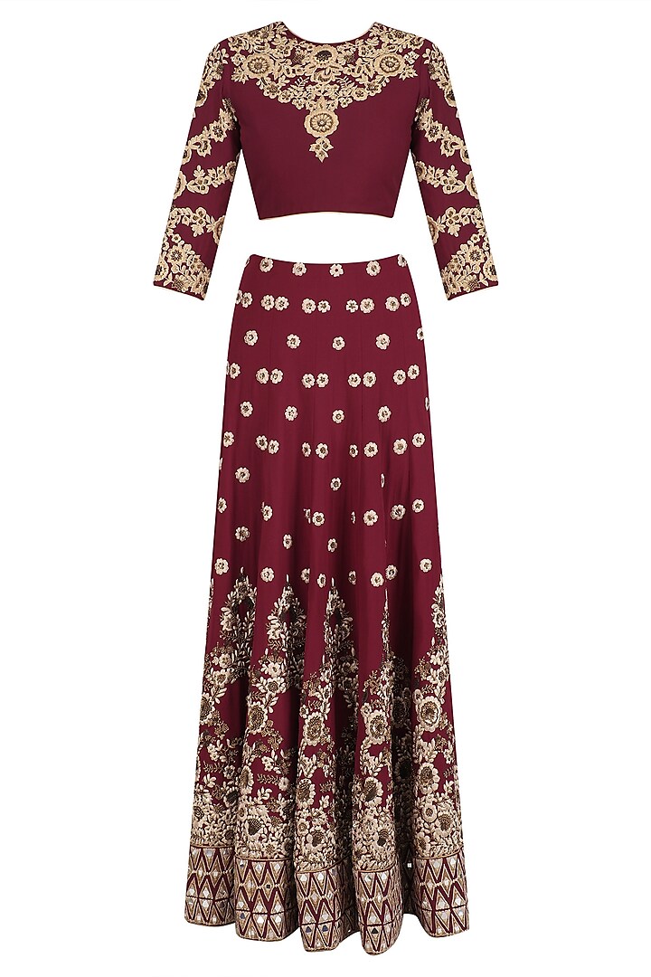 Maroon and gold floral embroidered lehenga set available only at Pernia's Pop Up Shop.