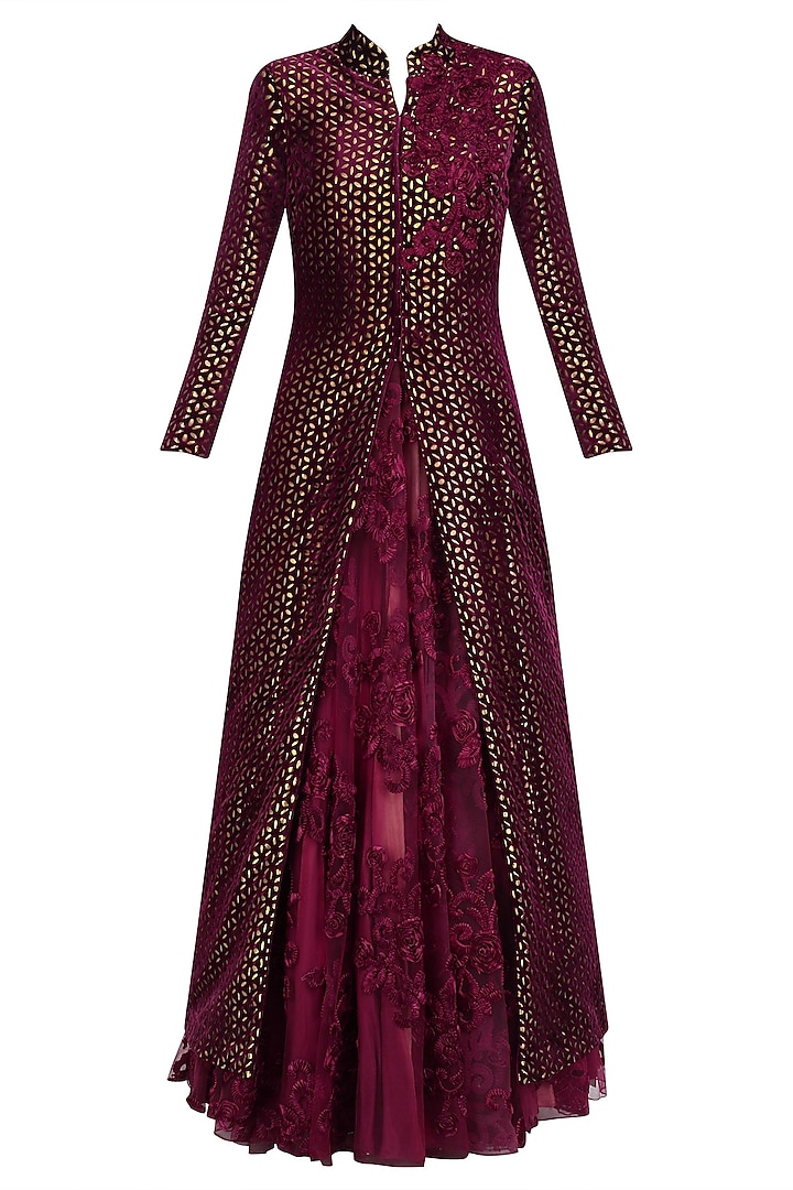 Maroon Lasercut Applique Work Gown and Jacket Set by Mynah Designs By Reynu Tandon