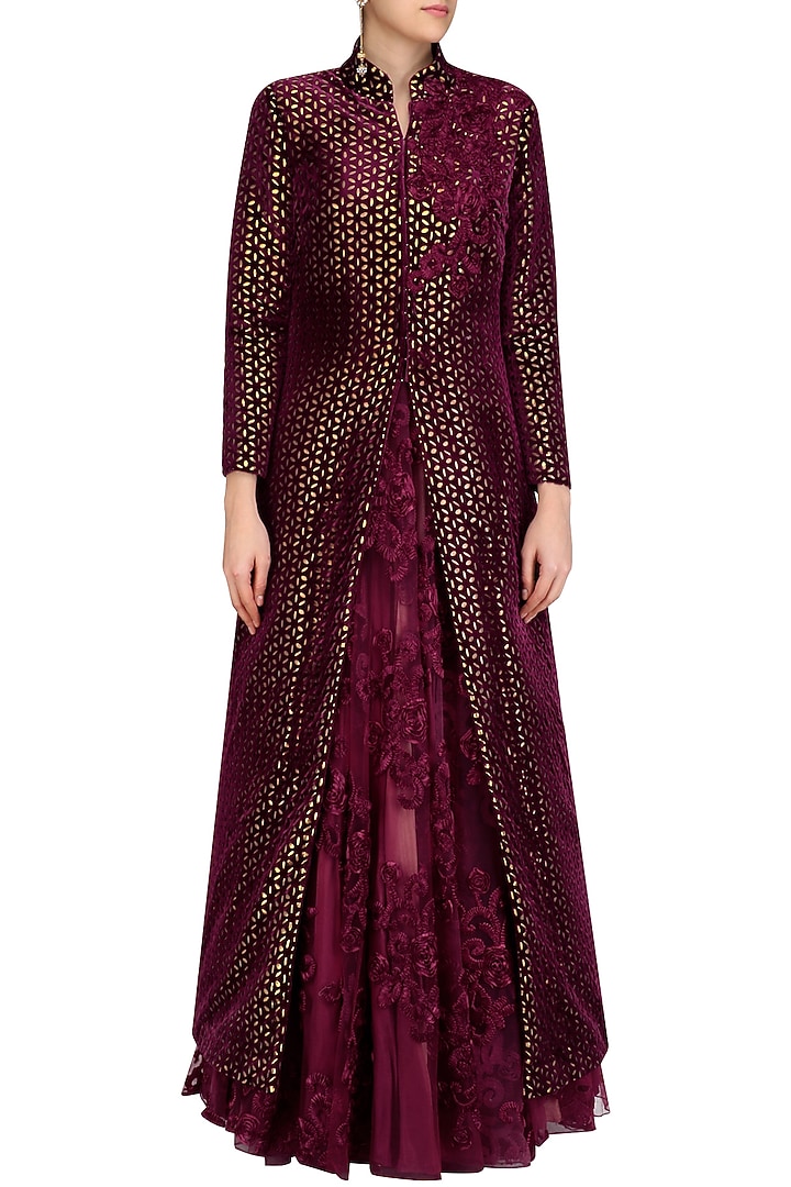 Maroon lasercut applique work gown and jacket set available only at Pernia's Pop Up Shop.