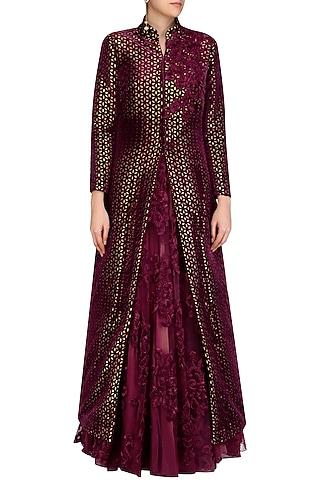 Maroon Lasercut Applique Work Gown and Jacket Set by Mynah Designs By Reynu Tandon