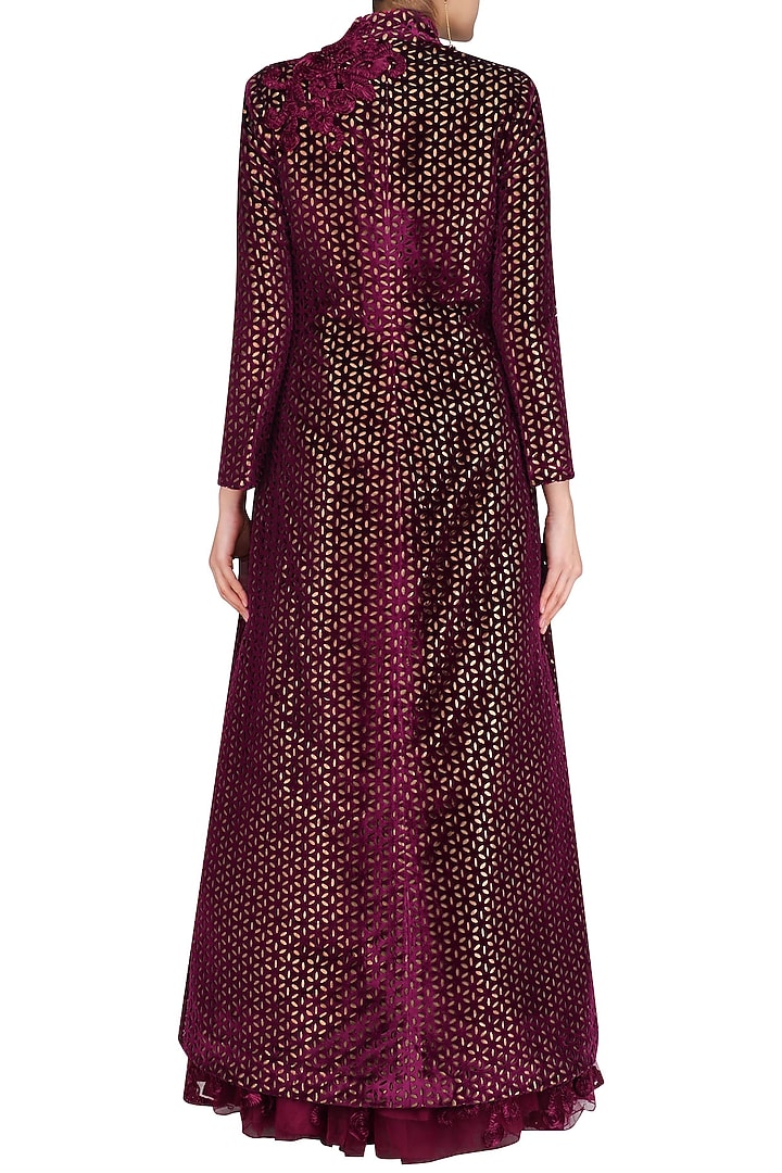 Maroon lasercut applique work gown and jacket set available only at Pernia's Pop Up Shop.
